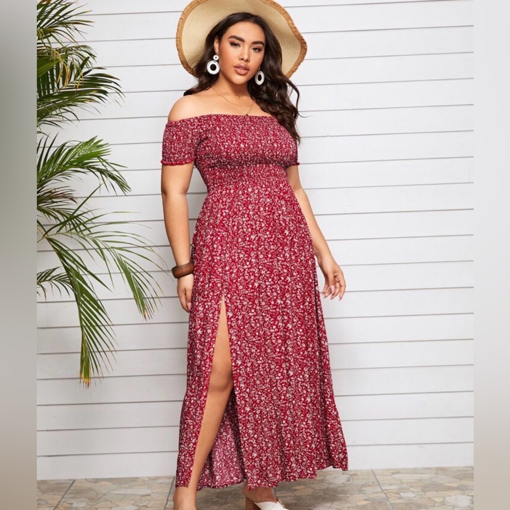 New Plus Size Off Shoulder Shirred Split Red Floral Dress